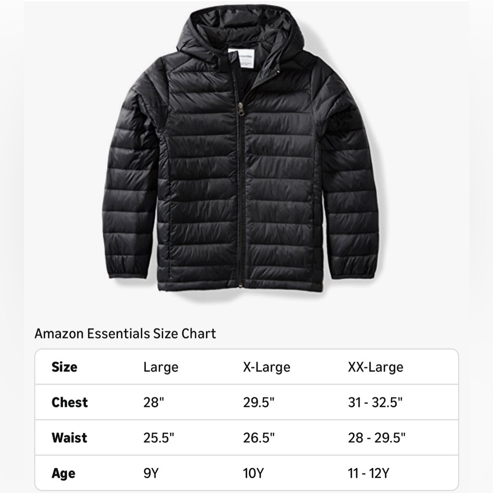 Amazon Essentials Black Lightweight Water Resistant Packable Puffer Jacket. XL